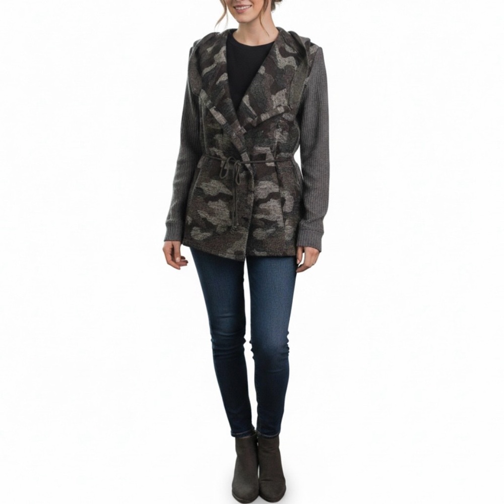MYSTREE Camo Print Tie Waist Hooded Sweater Cardigan Belt Wrap Jacket Top S